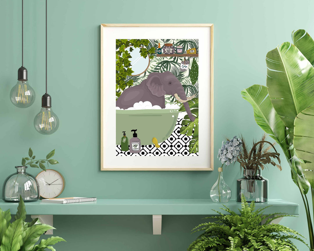 Elephant in Bathtub Bathroom Prints, Maximalist Animal in Bath Wall Art, Botanical Bathroom Safari Poster, Boho Jungle Bathroom Art Decor