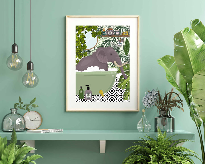 Elephant in Bathtub Bathroom Prints, Maximalist Animal in Bath Wall Art, Botanical Bathroom Safari Poster, Boho Jungle Bathroom Art Decor