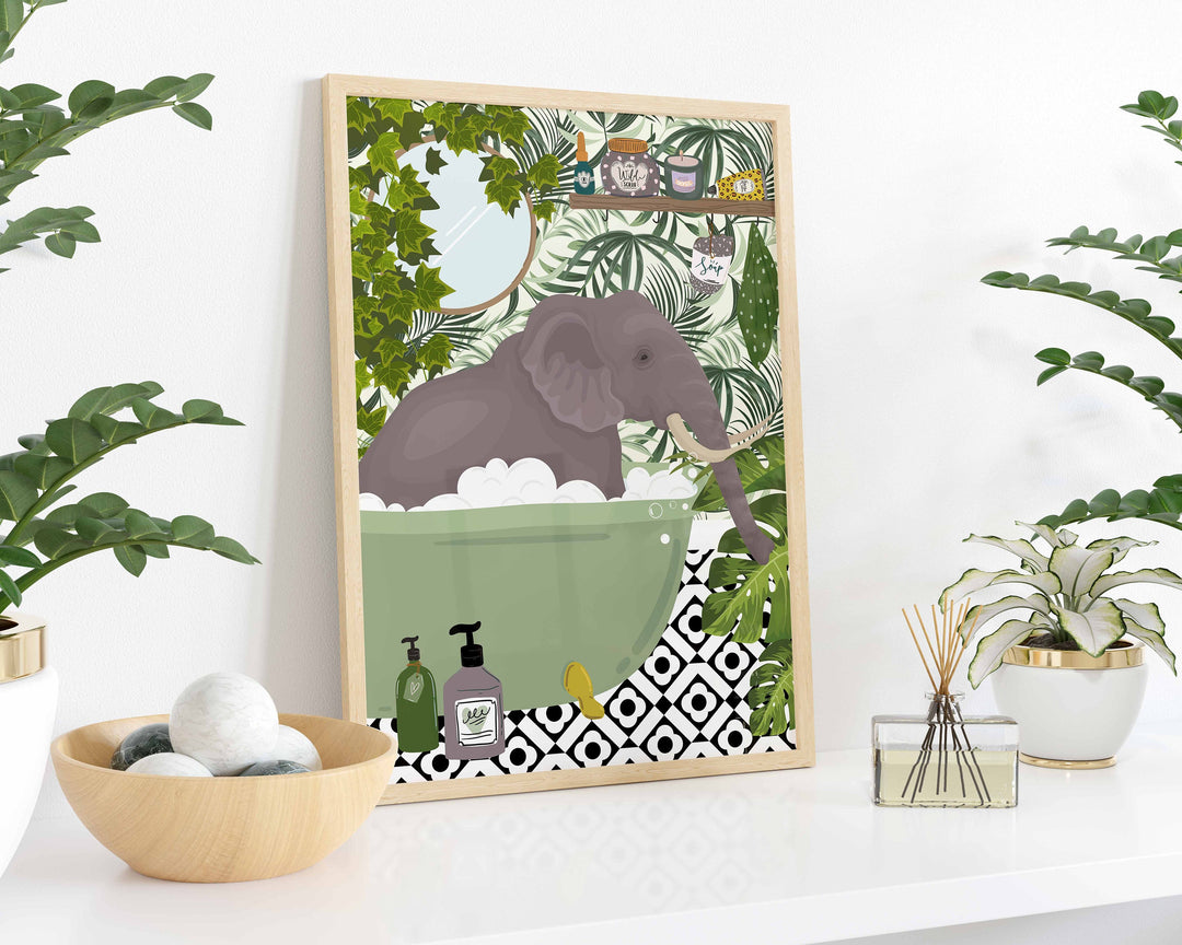 Elephant in Bathtub Bathroom Prints, Maximalist Animal in Bath Wall Art, Botanical Bathroom Safari Poster, Boho Jungle Bathroom Art Decor