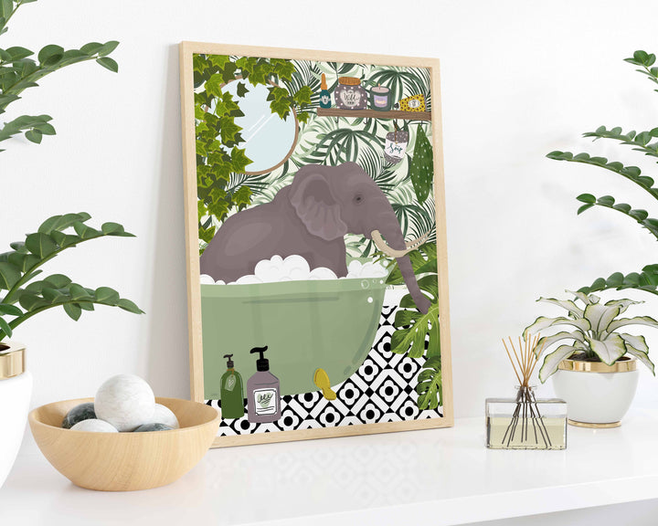 Elephant in Bathtub Bathroom Prints, Maximalist Animal in Bath Wall Art, Botanical Bathroom Safari Poster, Boho Jungle Bathroom Art Decor