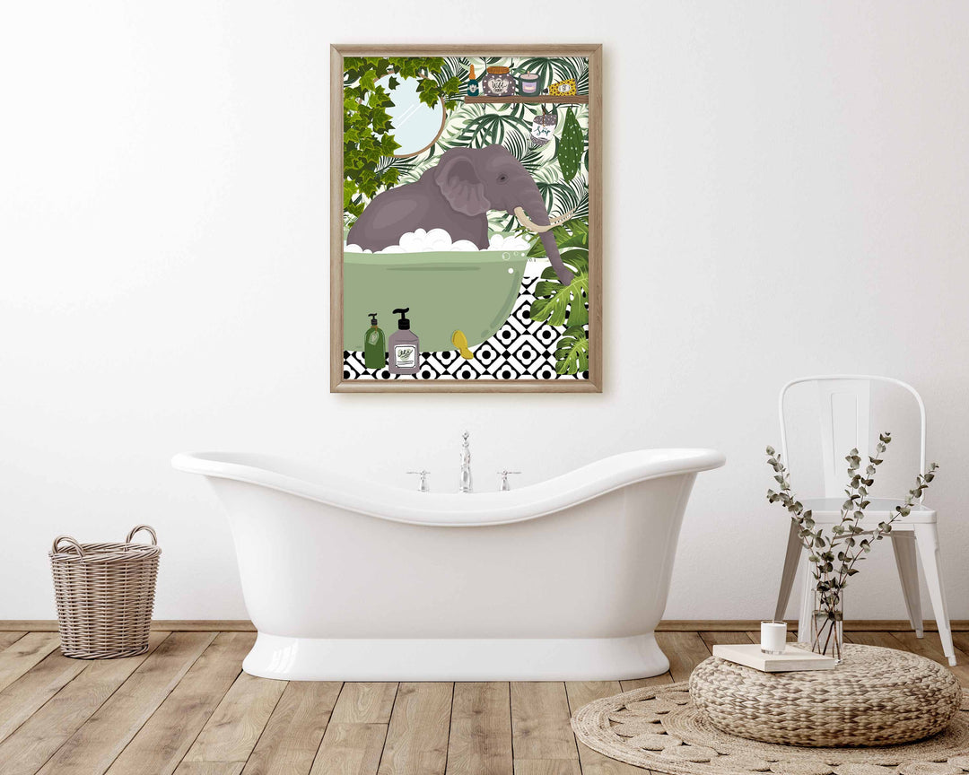 Elephant in Bathtub Bathroom Prints, Maximalist Animal in Bath Wall Art, Botanical Bathroom Safari Poster, Boho Jungle Bathroom Art Decor