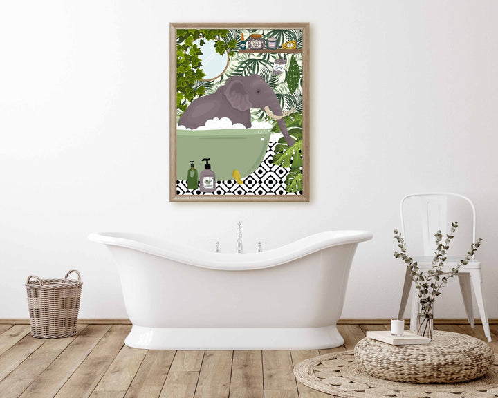 Elephant in Bathtub Bathroom Prints, Maximalist Animal in Bath Wall Art, Botanical Bathroom Safari Poster, Boho Jungle Bathroom Art Decor