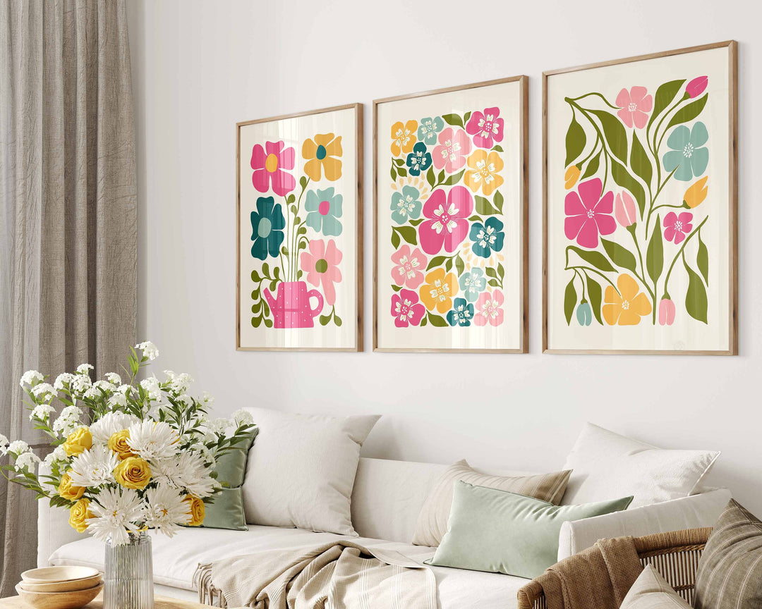Set of 3 Abstract Flower Prints, Scandinavian Floral Wall Art, Pink Blue Yellow Floral Art, Modern Botanical Plant Prints, Living Room Decor