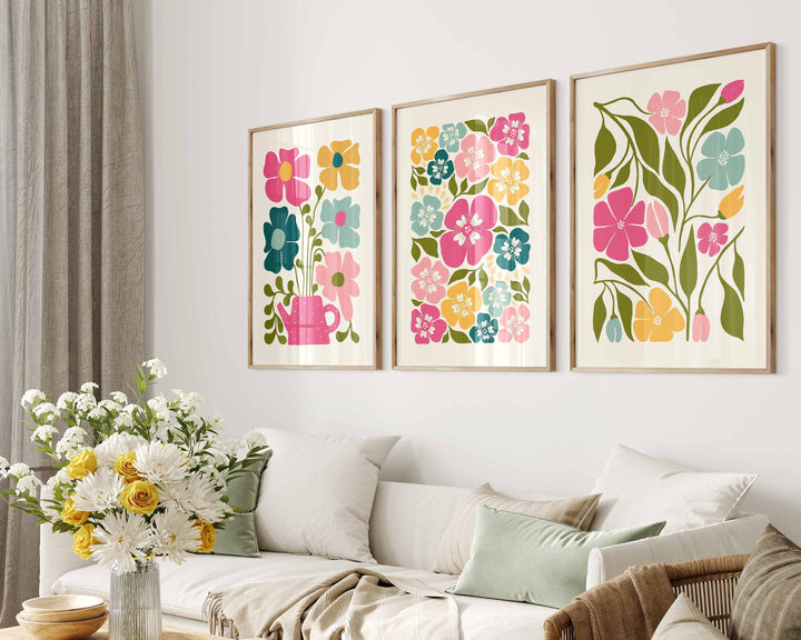 Set of 3 Abstract Flower Prints, Scandinavian Floral Wall Art, Pink Blue Yellow Floral Art, Modern Botanical Plant Prints, Living Room Decor