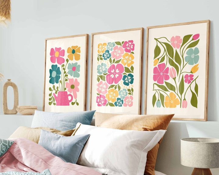 Set of 3 Abstract Flower Prints, Scandinavian Floral Wall Art, Pink Blue Yellow Floral Art, Modern Botanical Plant Prints, Living Room Decor