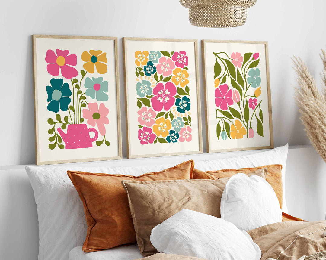 Set of 3 Abstract Flower Prints, Scandinavian Floral Wall Art, Pink Blue Yellow Floral Art, Modern Botanical Plant Prints, Living Room Decor