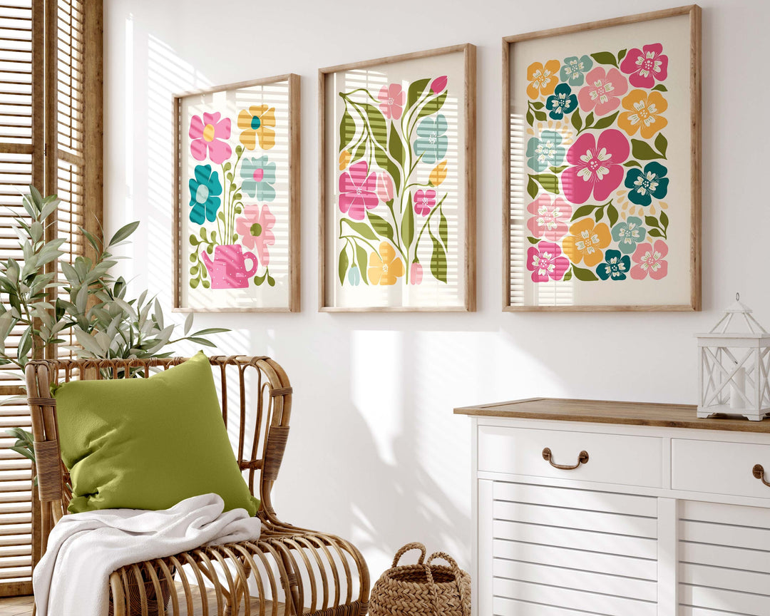 Set of 3 Abstract Flower Prints, Scandinavian Floral Wall Art, Pink Blue Yellow Floral Art, Modern Botanical Plant Prints, Living Room Decor