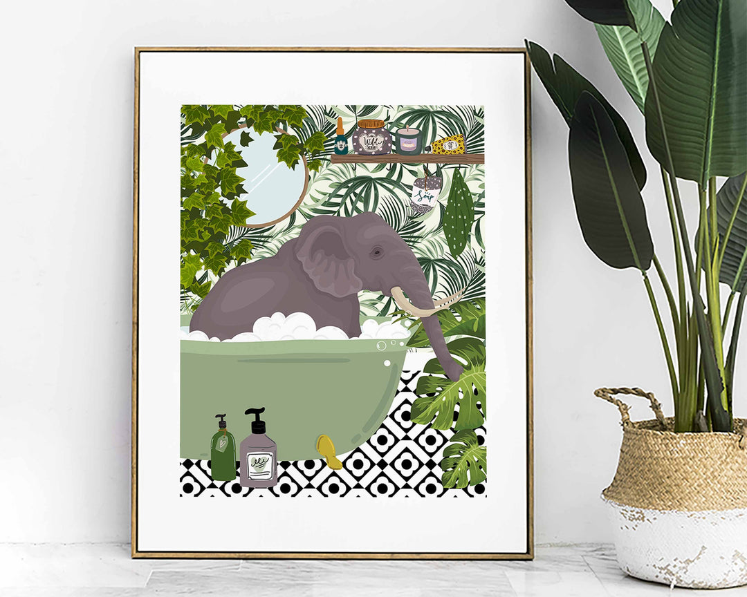 Elephant in Bathtub Bathroom Prints, Maximalist Animal in Bath Wall Art, Botanical Bathroom Safari Poster, Boho Jungle Bathroom Art Decor