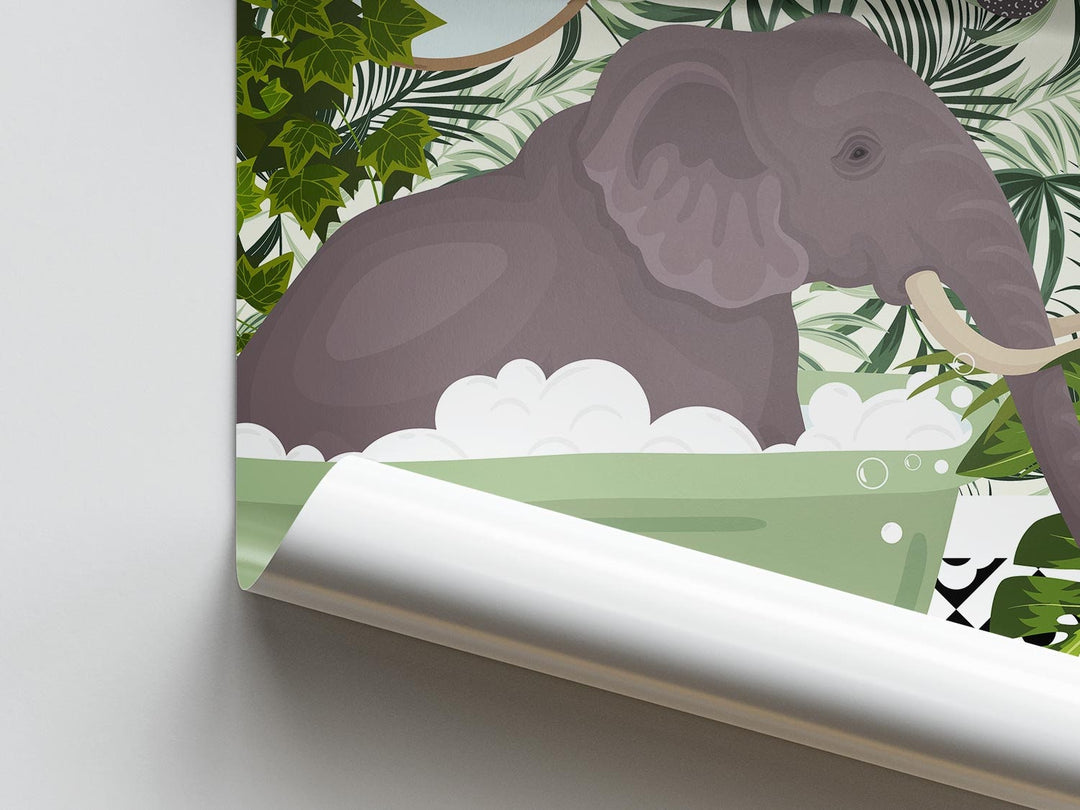 Elephant in Bathtub Bathroom Prints, Maximalist Animal in Bath Wall Art, Botanical Bathroom Safari Poster, Boho Jungle Bathroom Art Decor