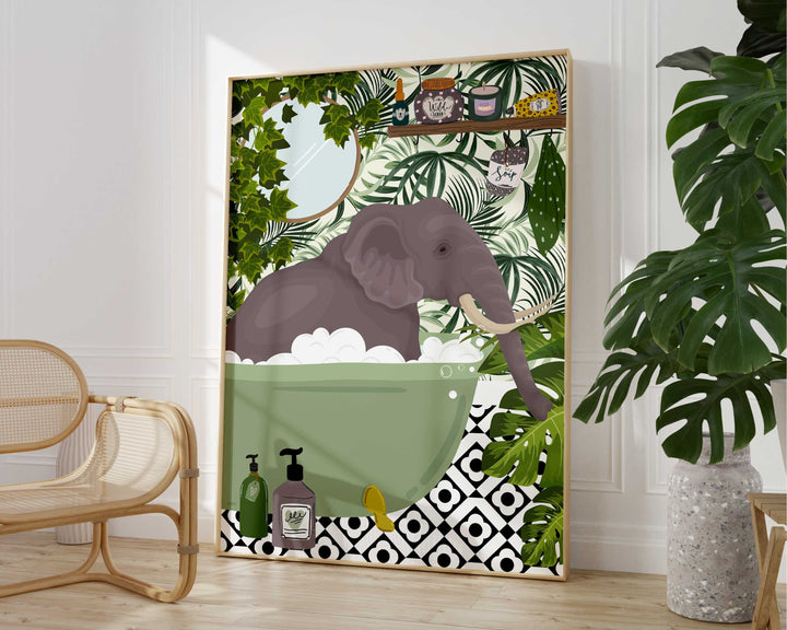 Elephant in Bathtub Bathroom Prints, Maximalist Animal in Bath Wall Art, Botanical Bathroom Safari Poster, Boho Jungle Bathroom Art Decor