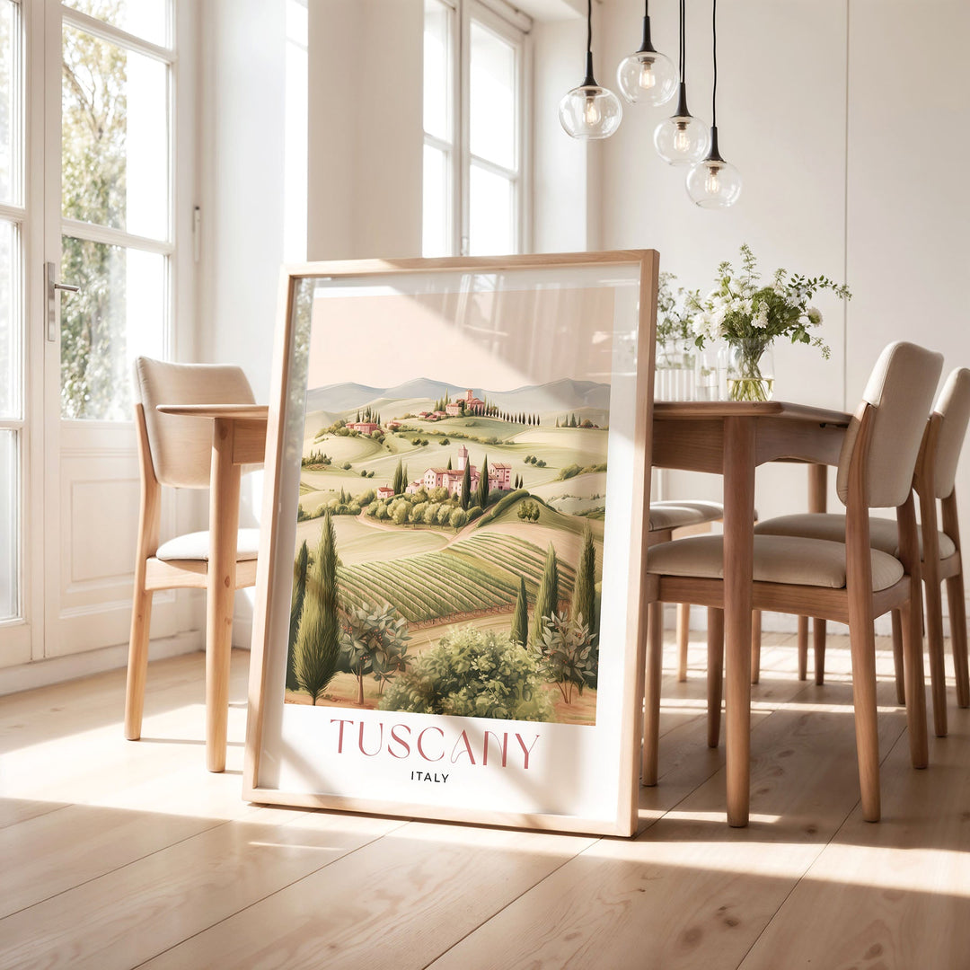 Travel Print of Tuscany in Italy, beautiful olive groves and rolling hills