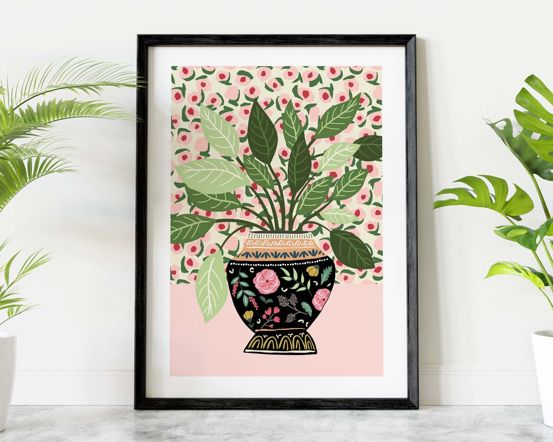 Antique Vase Modern Plants Print, Pink Floral Vase Botanical Plant Wall Art, Quirky Indoor Houseplant Print, Mediterranean Plant Pot Poster