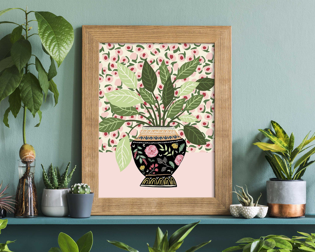 Antique Vase Modern Plants Print, Pink Floral Vase Botanical Plant Wall Art, Quirky Indoor Houseplant Print, Mediterranean Plant Pot Poster
