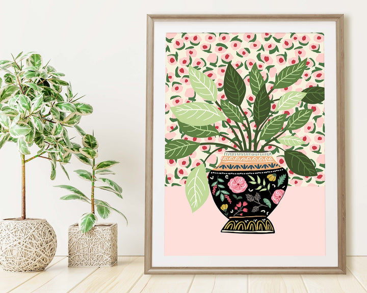 Antique Vase Modern Plants Print, Pink Floral Vase Botanical Plant Wall Art, Quirky Indoor Houseplant Print, Mediterranean Plant Pot Poster