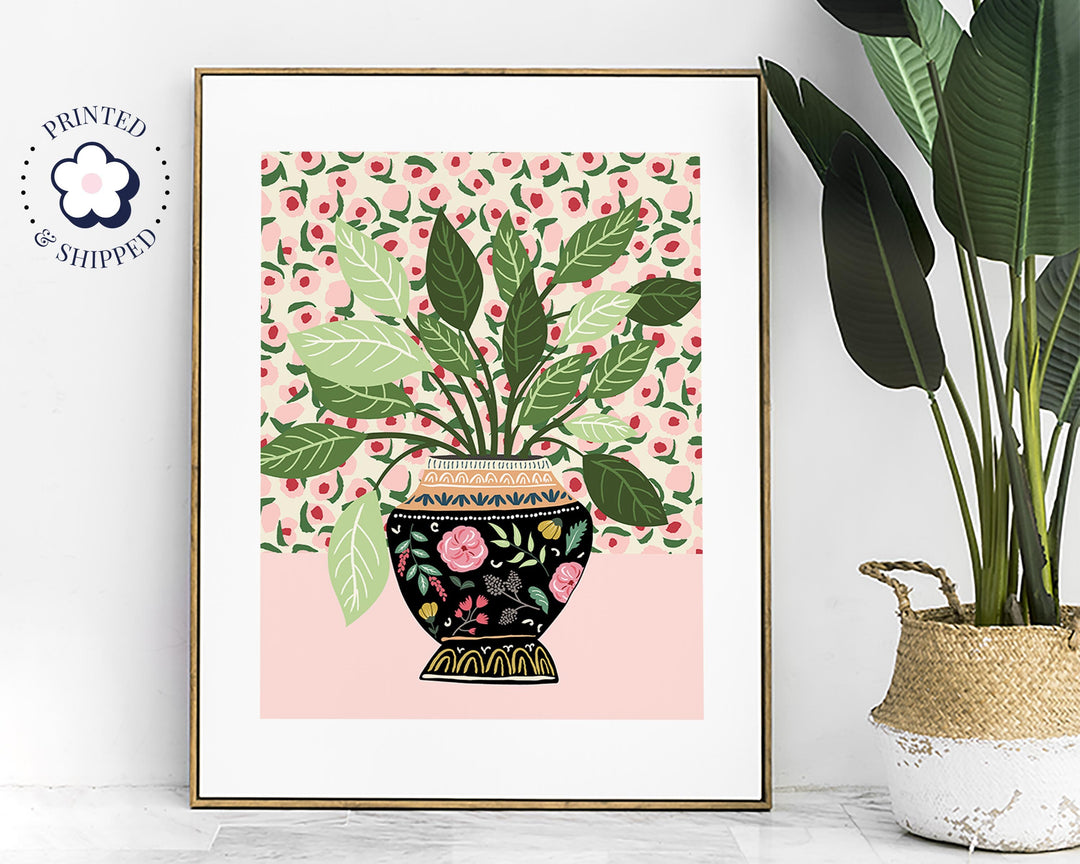 Antique Vase Modern Plants Print, Pink Floral Vase Botanical Plant Wall Art, Quirky Indoor Houseplant Print, Mediterranean Plant Pot Poster