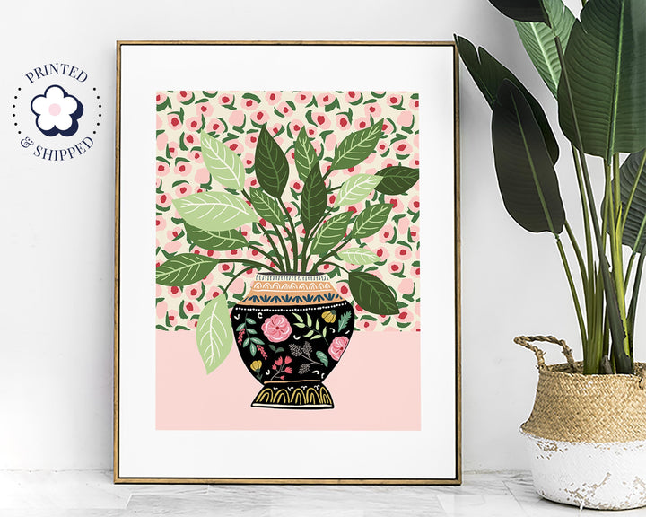 Antique Vase Modern Plants Print, Pink Floral Vase Botanical Plant Wall Art, Quirky Indoor Houseplant Print, Mediterranean Plant Pot Poster