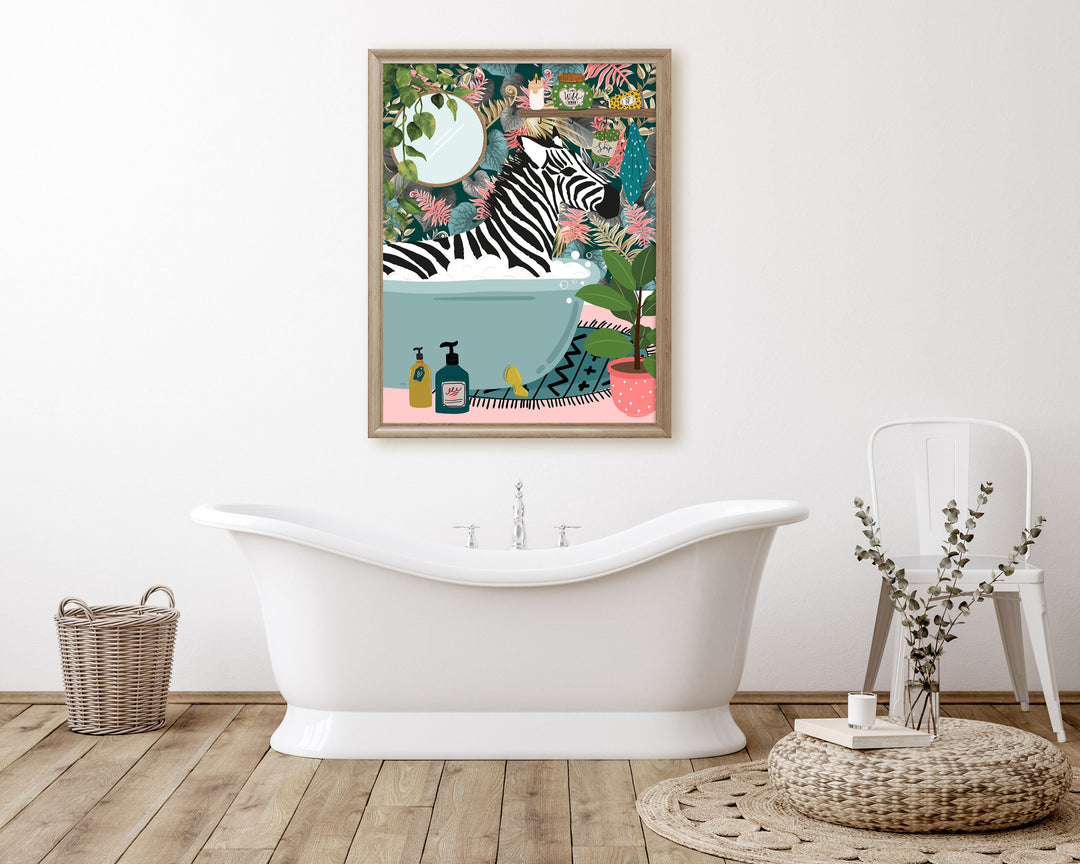 A colourful print showing a zebra relaxing in a bathtub in a bright botanical bathroom.  This maximalist animal in a bath wall art with a tropical safari jungle feel is perfectly suited to a quirky eclectic home adding humour and whimsical fun.