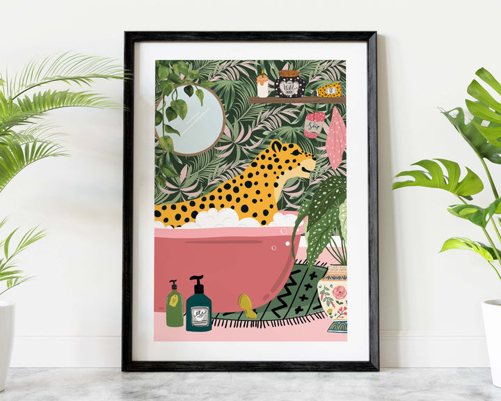 Leopard in Bathtub Bathroom Print, Animal in Bath Fun Bathroom Wall Art, Tropical Bathroom Safari Poster, Maximalist Eclectic Jungle Decor