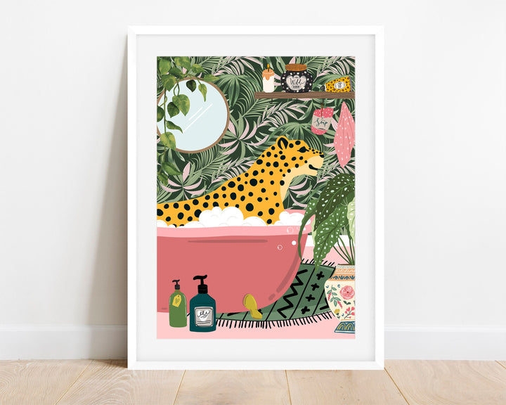Leopard in Bathtub Bathroom Print, Animal in Bath Fun Bathroom Wall Art, Tropical Bathroom Safari Poster, Maximalist Eclectic Jungle Decor