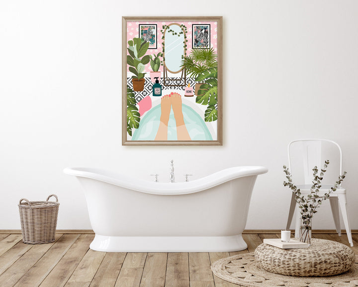 Botanical Bathroom Bathtub Art Print, Boho Bathroom Tropical Wall Art, Self Care Plants in Bathroom Wall Decor, Maximalist Eclectic Decor