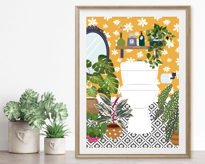 Yellow Bathroom Loo Cloakroom Toilet Wall Art, Modern Botanical Bathroom Gallery Print, Mustard Ochre Boho Home Eclectic Bathroom Decor
