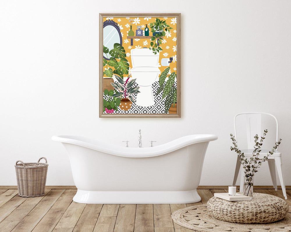 Yellow Bathroom Loo Cloakroom Toilet Wall Art, Modern Botanical Bathroom Gallery Print, Mustard Ochre Boho Home Eclectic Bathroom Decor