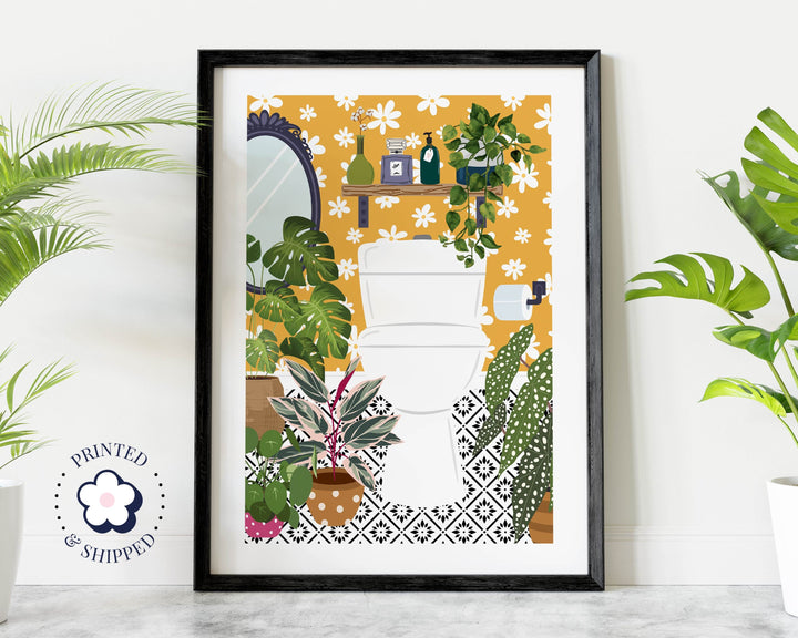 Yellow Bathroom Loo Cloakroom Toilet Wall Art, Modern Botanical Bathroom Gallery Print, Mustard Ochre Boho Home Eclectic Bathroom Decor