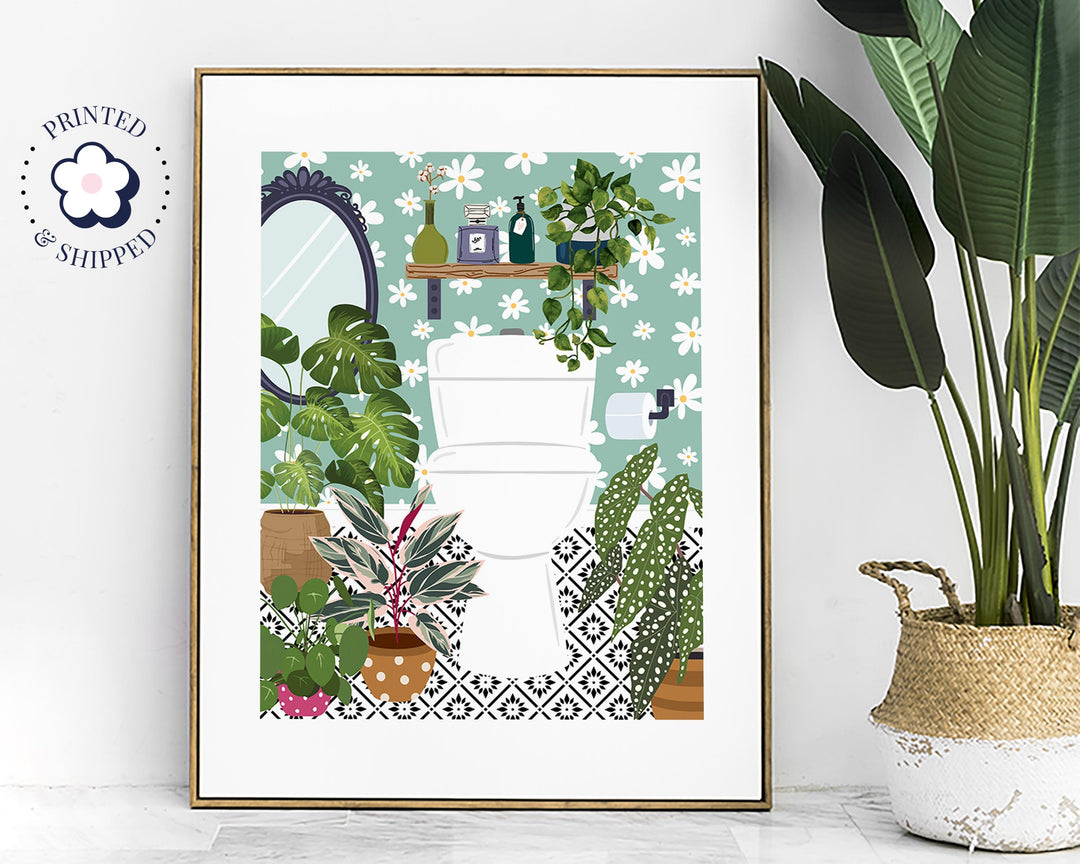 Boho Bathroom Cloakroom Toilet Wall Art, Maximalist Botanical Bathroom Gallery Print, Turquoise Eclectic Modern Geo Tile Bathroom Home Decor