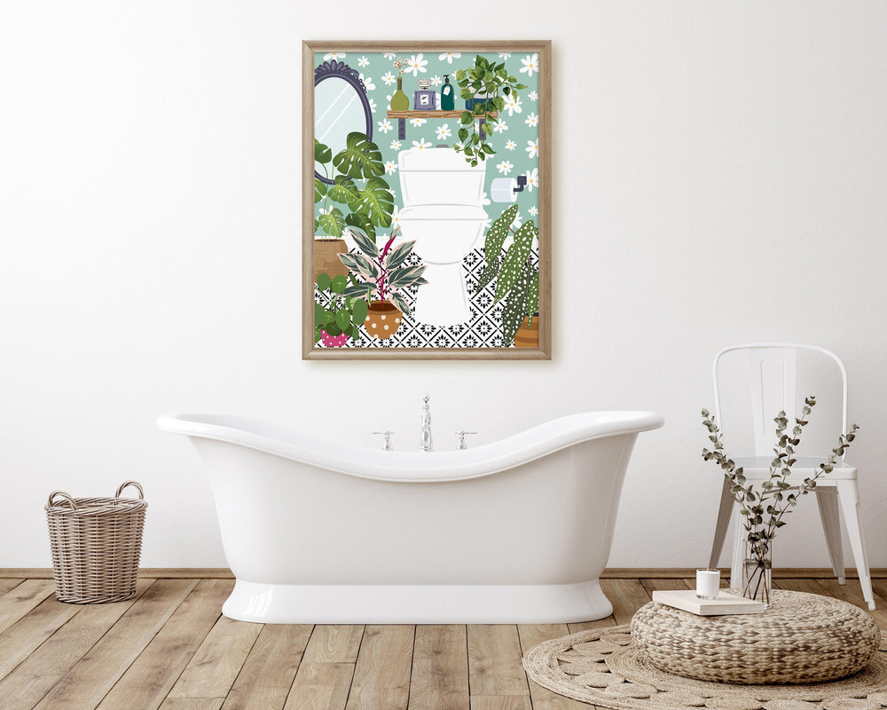 Boho Bathroom Cloakroom Toilet Wall Art, Maximalist Botanical Bathroom Gallery Print, Turquoise Eclectic Modern Geo Tile Bathroom Home Decor