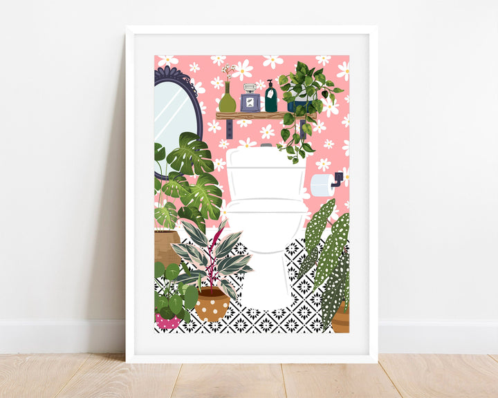 Pink Bathroom Loo Cloakroom Toilet Wall Art, Modern Botanical Bathroom Gallery Print, Colourful Boho Houseplants Eclectic Bathroom Decor