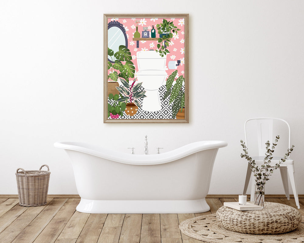 Pink Bathroom Loo Cloakroom Toilet Wall Art, Modern Botanical Bathroom Gallery Print, Colourful Boho Houseplants Eclectic Bathroom Decor