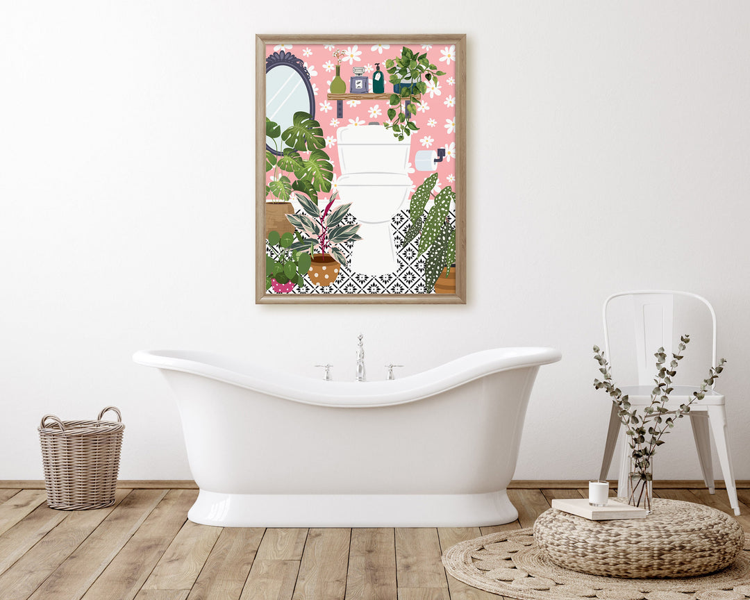 Pink Bathroom Loo Cloakroom Toilet Wall Art, Modern Botanical Bathroom Gallery Print, Colourful Boho Houseplants Eclectic Bathroom Decor