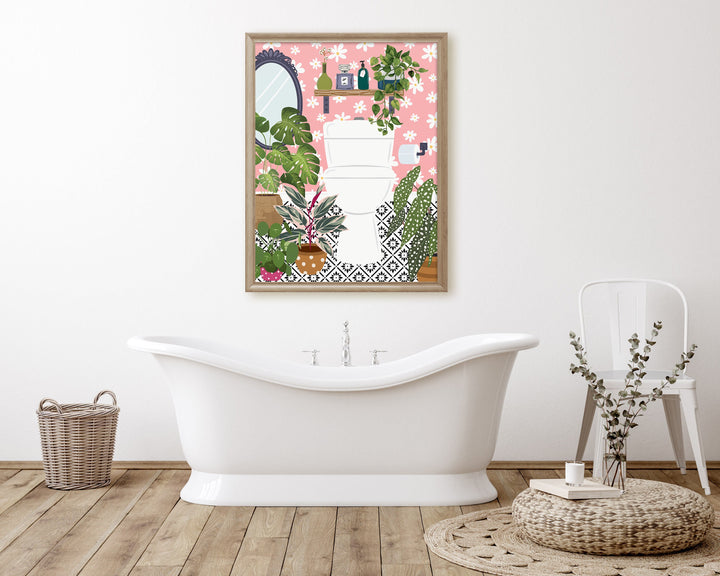 Pink Bathroom Loo Cloakroom Toilet Wall Art, Modern Botanical Bathroom Gallery Print, Colourful Boho Houseplants Eclectic Bathroom Decor