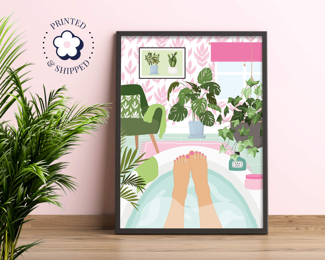 Botanical Bathroom Bathtub Art Print, Boho Bathroom Self Care Tropical Wall Art, House Plants in Bathroom Wall Decor, Maximalist Home Decor