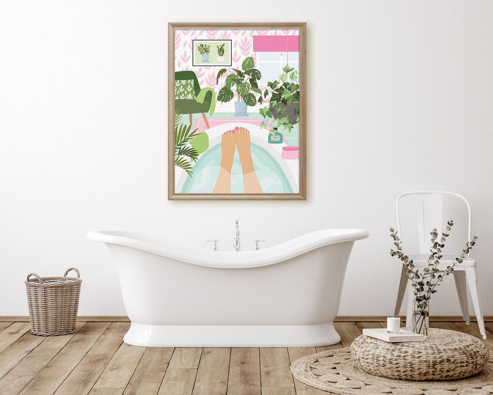 Botanical Bathroom Bathtub Art Print, Boho Bathroom Self Care Tropical Wall Art, House Plants in Bathroom Wall Decor, Maximalist Home Decor