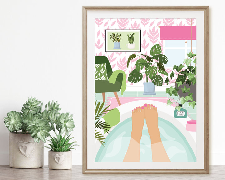 Botanical Bathroom Bathtub Art Print, Boho Bathroom Self Care Tropical Wall Art, House Plants in Bathroom Wall Decor, Maximalist Home Decor
