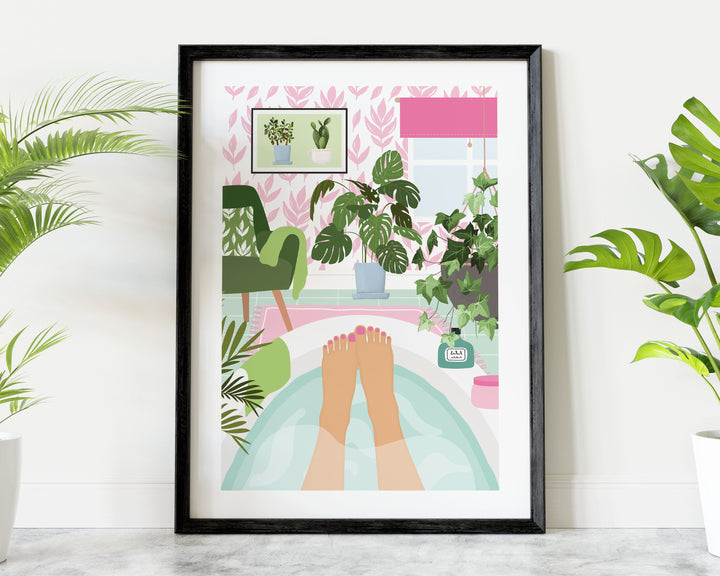 Botanical Bathroom Bathtub Art Print, Boho Bathroom Self Care Tropical Wall Art, House Plants in Bathroom Wall Decor, Maximalist Home Decor