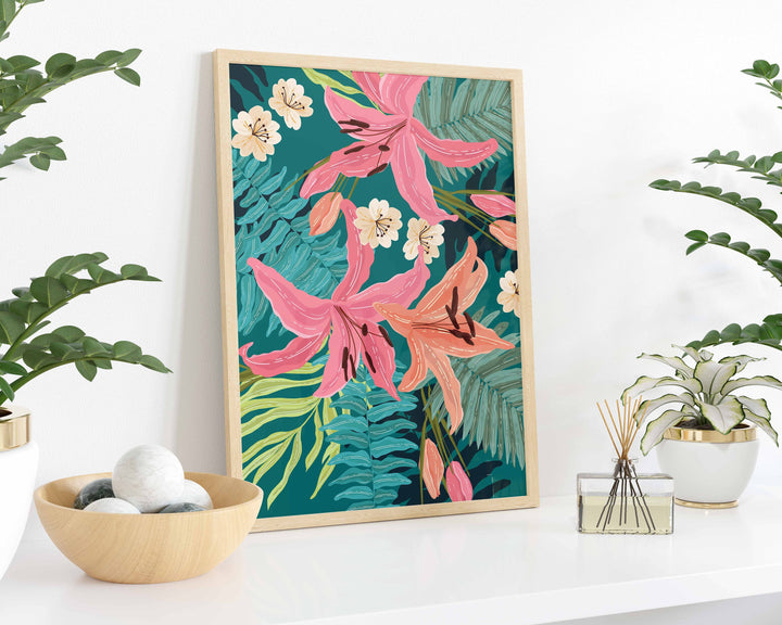 Bright Tropical Pattern Botanical Poster Wall Art, Exotic Floral Jungle Leaves Print, Bold Abstract Flowers Trendy Poster, Eclectic Decor