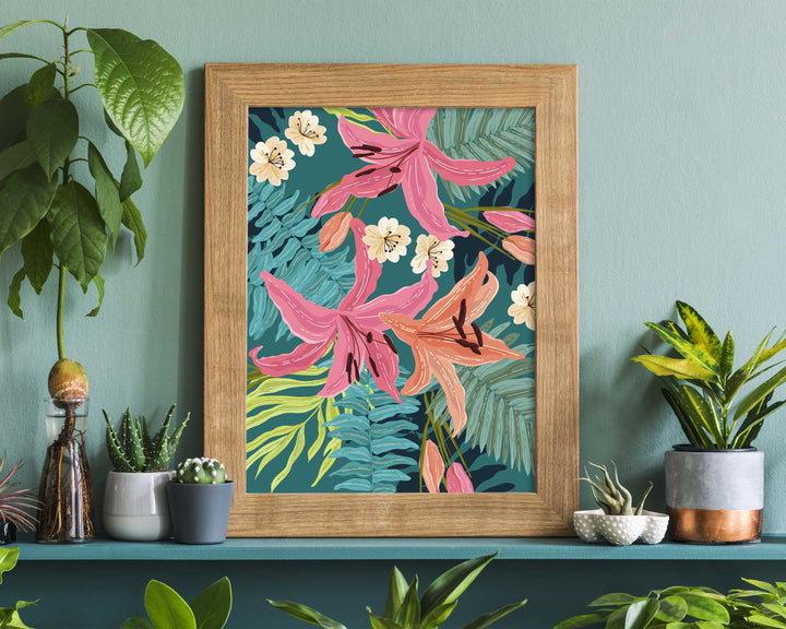 Bright Tropical Pattern Botanical Poster Wall Art, Exotic Floral Jungle Leaves Print, Bold Abstract Flowers Trendy Poster, Eclectic Decor