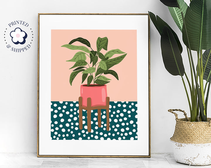 Monstera Leaf Plant Print, Dalmation Polkadot Pink Plant Print, Boho Houseplant Wall Art, Plant Lover Gift, Potted Plant Art Print Poster