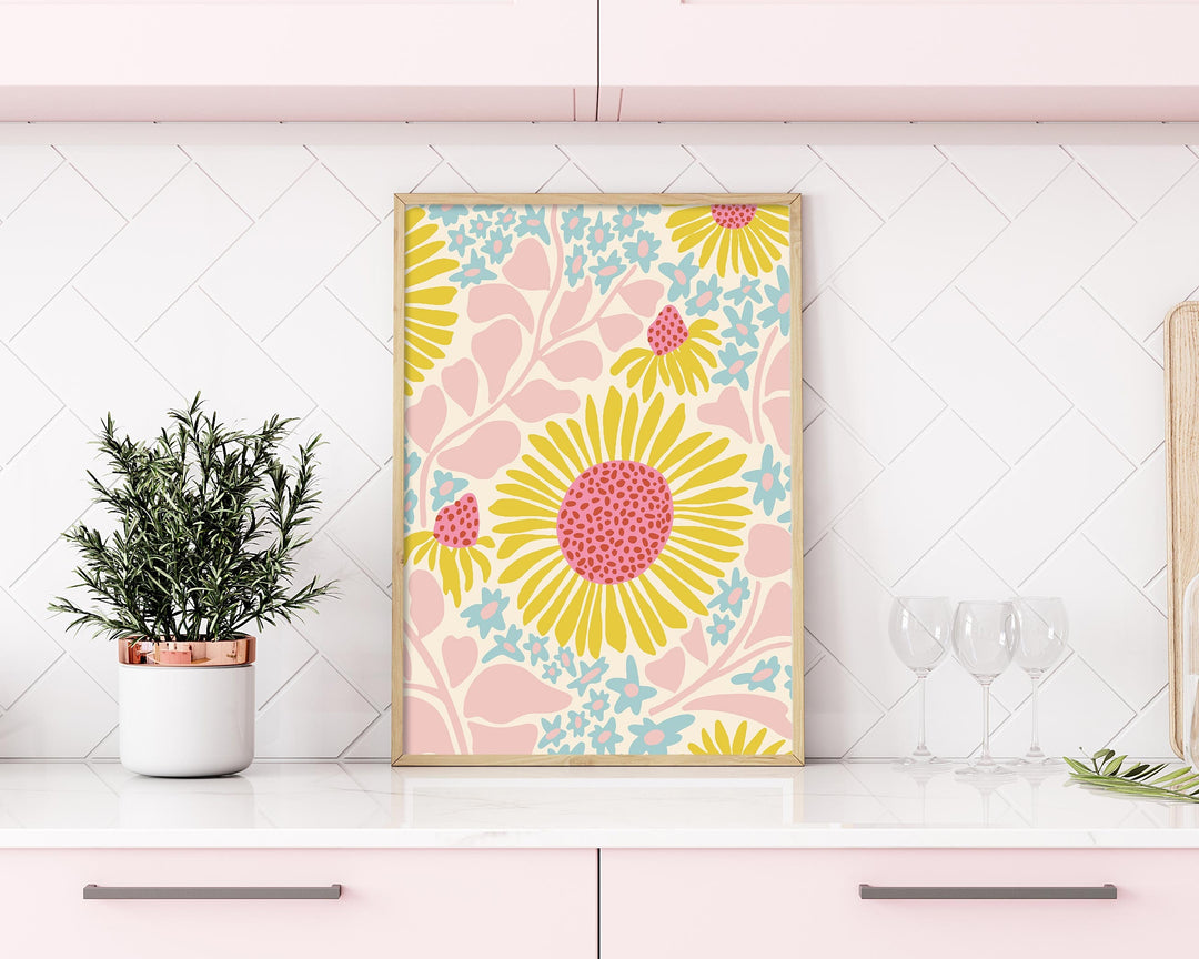 Boho Abstract Daisy Print, Botanical Flower Wall Art, Eclectic Daisies Poster, Retro Flower Market Print, Pink Floral Aesthetic Room Decor