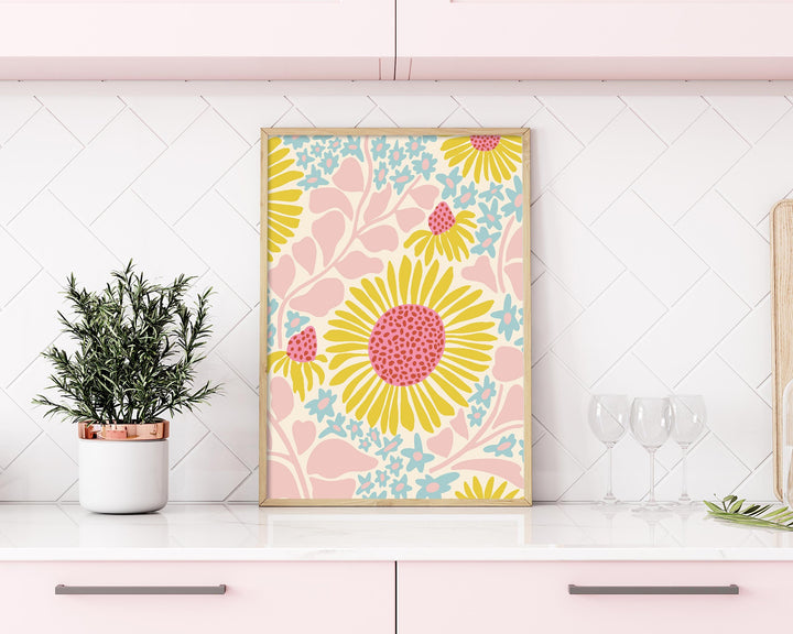Boho Abstract Daisy Print, Botanical Flower Wall Art, Eclectic Daisies Poster, Retro Flower Market Print, Pink Floral Aesthetic Room Decor