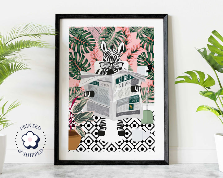 Zebra on Toilet Bathroom Print, Animal on Toilet Cloakroom Wall Art, Tropical Pink Botanical Funny Bathroom Decor, Animal Reading Newspaper
