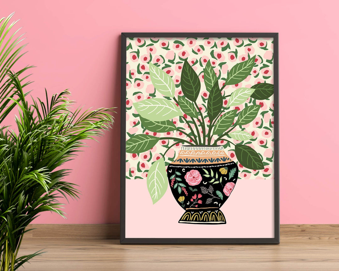 Antique Vase Modern Plants Print, Pink Floral Vase Botanical Plant Wall Art, Quirky Indoor Houseplant Print, Mediterranean Plant Pot Poster