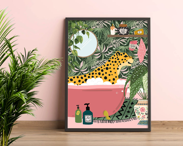 Leopard in Bathtub Bathroom Print, Animal in Bath Fun Bathroom Wall Art, Tropical Bathroom Safari Poster, Maximalist Eclectic Jungle Decor