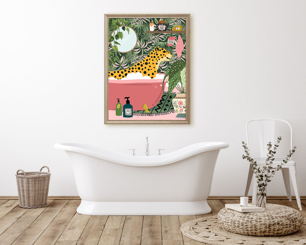 Leopard in Bathtub Bathroom Print, Animal in Bath Fun Bathroom Wall Art, Tropical Bathroom Safari Poster, Maximalist Eclectic Jungle Decor