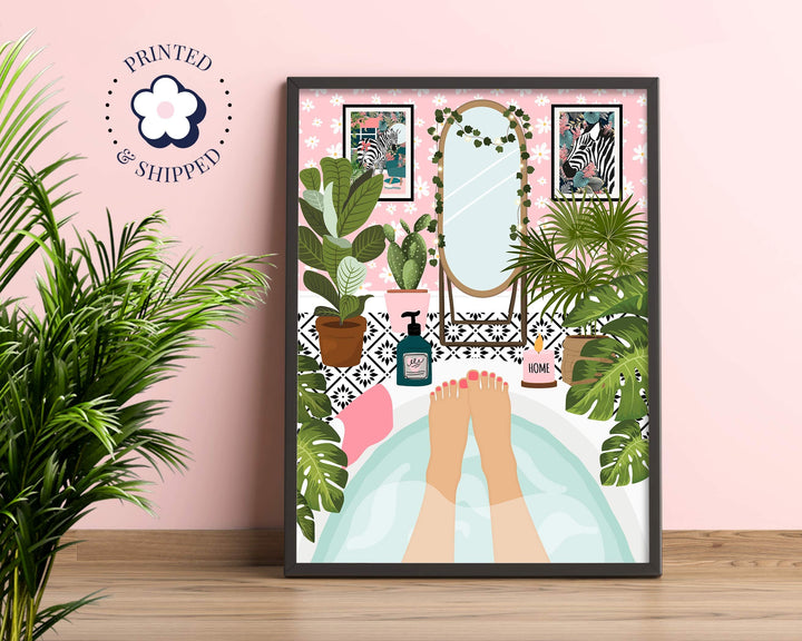 Botanical Bathroom Bathtub Art Print, Boho Bathroom Tropical Wall Art, Self Care Plants in Bathroom Wall Decor, Maximalist Eclectic Decor