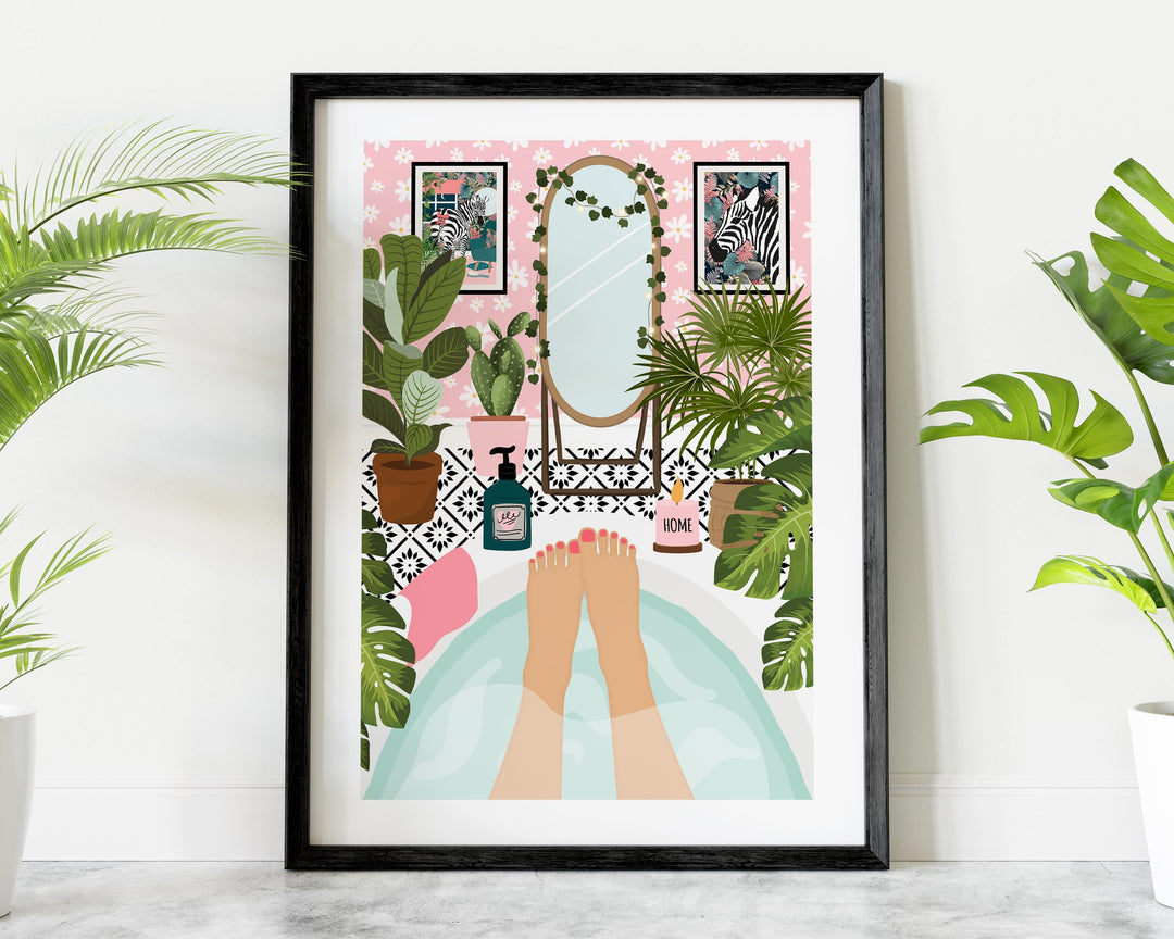Botanical Bathroom Bathtub Art Print, Boho Bathroom Tropical Wall Art, Self Care Plants in Bathroom Wall Decor, Maximalist Eclectic Decor