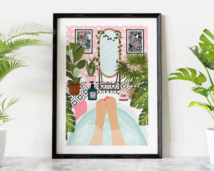Botanical Bathroom Bathtub Art Print, Boho Bathroom Tropical Wall Art, Self Care Plants in Bathroom Wall Decor, Maximalist Eclectic Decor