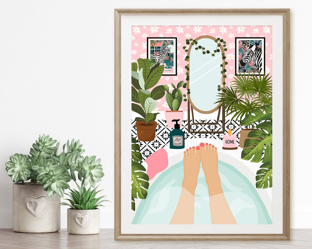Botanical Bathroom Bathtub Art Print, Boho Bathroom Tropical Wall Art, Self Care Plants in Bathroom Wall Decor, Maximalist Eclectic Decor